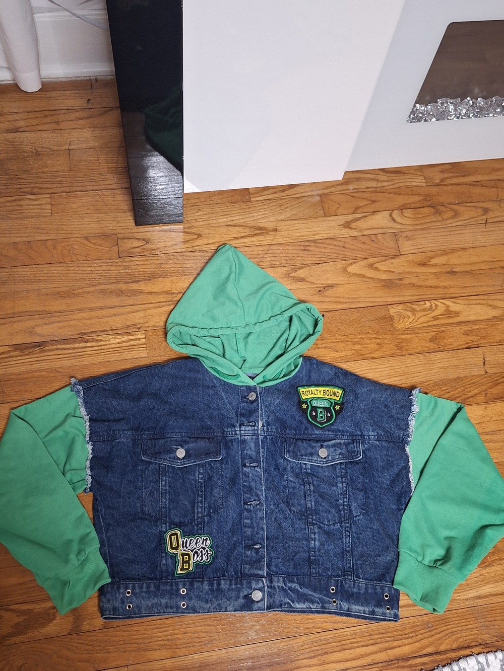 Adult Green & Denim Hooded Long Sleeve Button Front Jacket .with Patches-